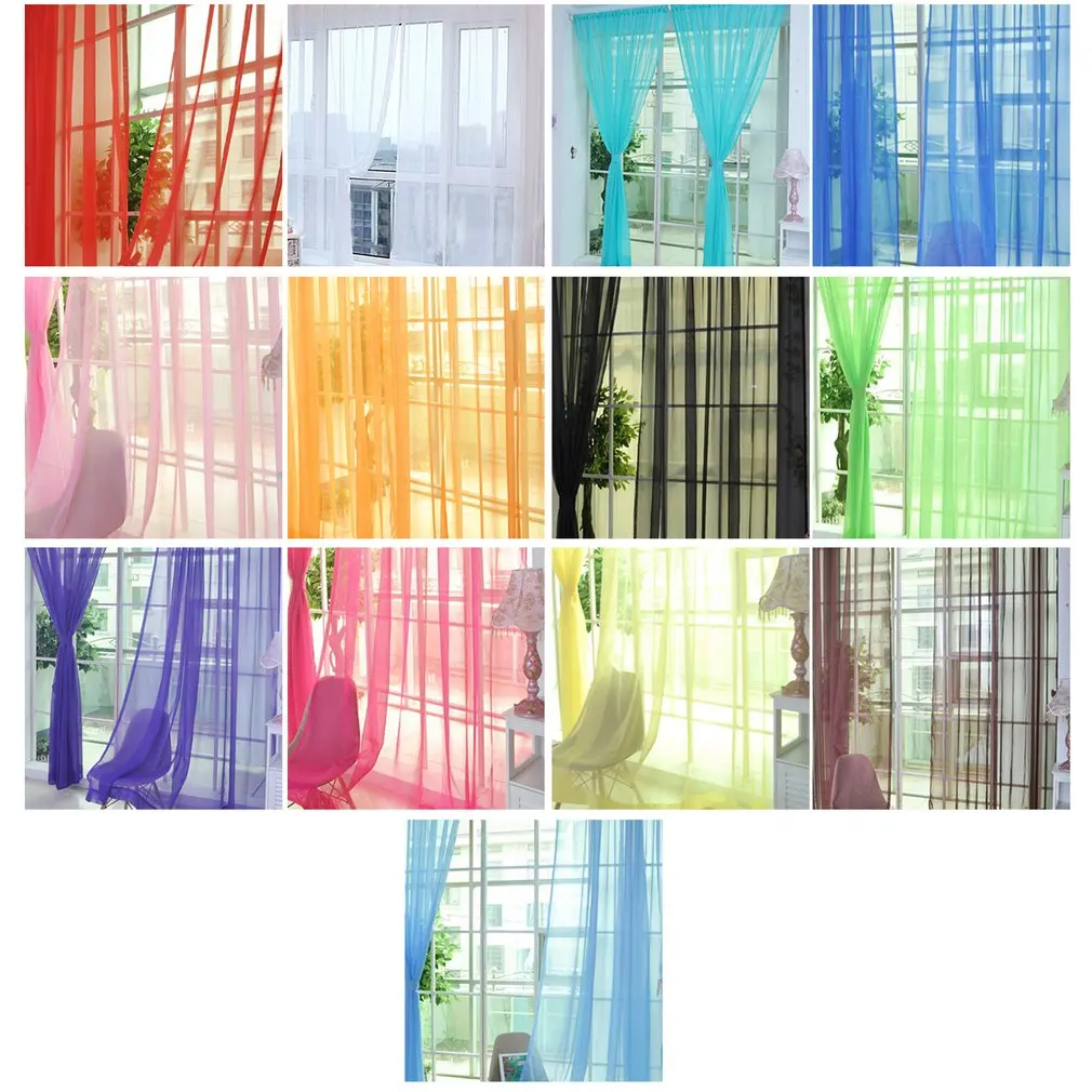 Fashion Simple Solid Colors Tulle Door Window Curtain Washable Drape Panel Sheer Scarf Valances Translucent Design