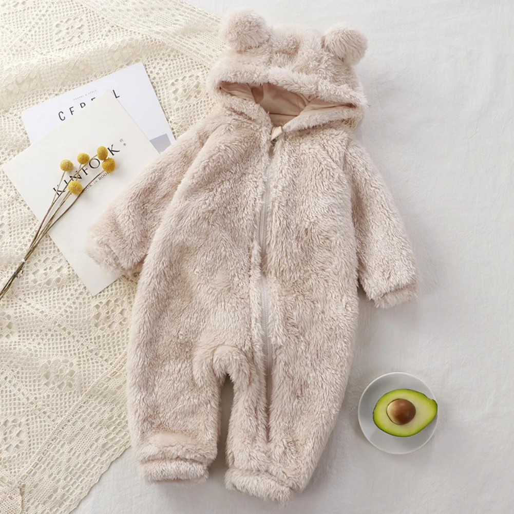 Winter Baby Rompers Girls Solid Fleece Warm Soft Bear Ear Jumpsuit  Infant Hooded Long Sleeve Skin-Friendly Rompers Baby Clothes