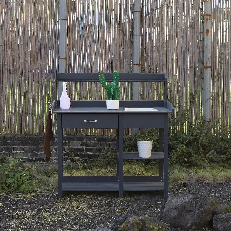 طاولة حديقة منضدة للأماكن الخارجية مع حوض من الفولاذ المقاوم للصدأ قابل للإزالة، مقعد عمل للزراعة مع أرفف تخزين وسحب #3