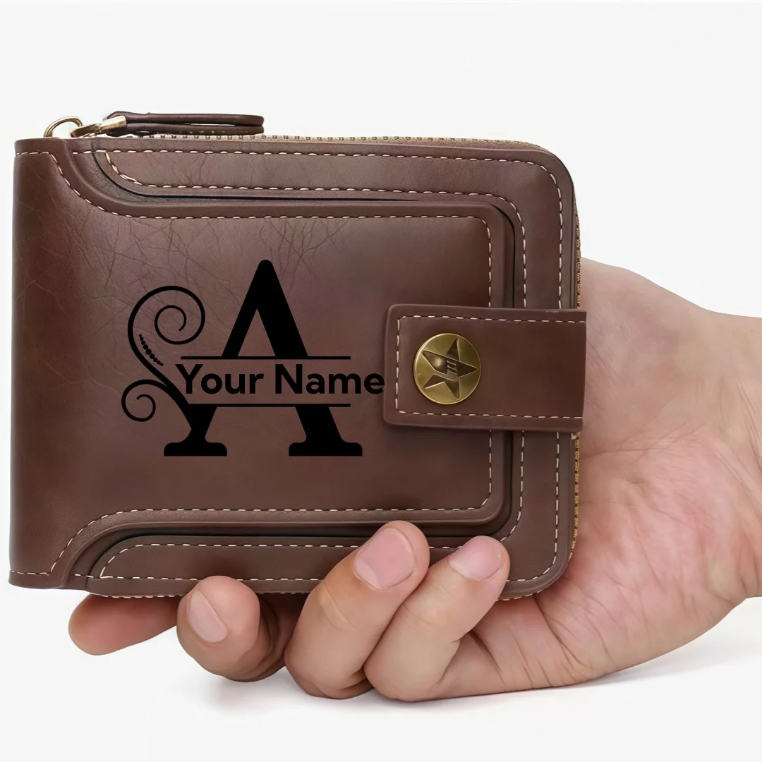 Men's Custom Wallet - Personalized Artificial Leather Men's Engraved Name and Letter Wallet, Father's Day Dad Gift, Brown view 4