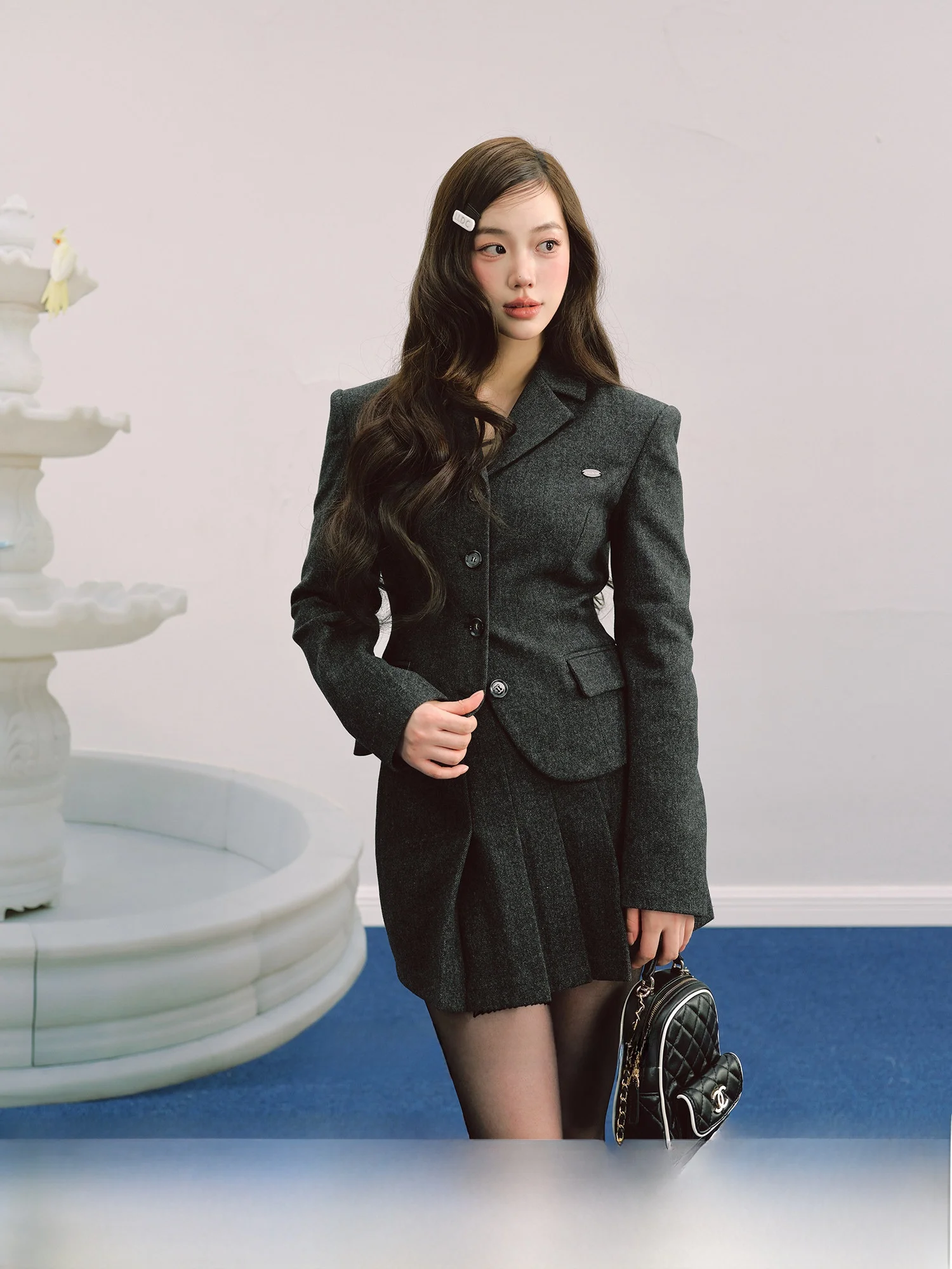 LaluneDuCiel Women's Wool Blend Suit Casual Vintage Simple Coat Waist-Cinching Shoulder-Length Winter Polyester Fiber