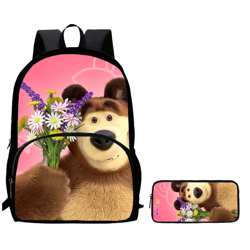 

2Pcs Set School Backpack with Front Pocket,Cartoon M-masha andtheb-earSchool Bag for Girl Boy,Large Child Backpack for Aged 5-10