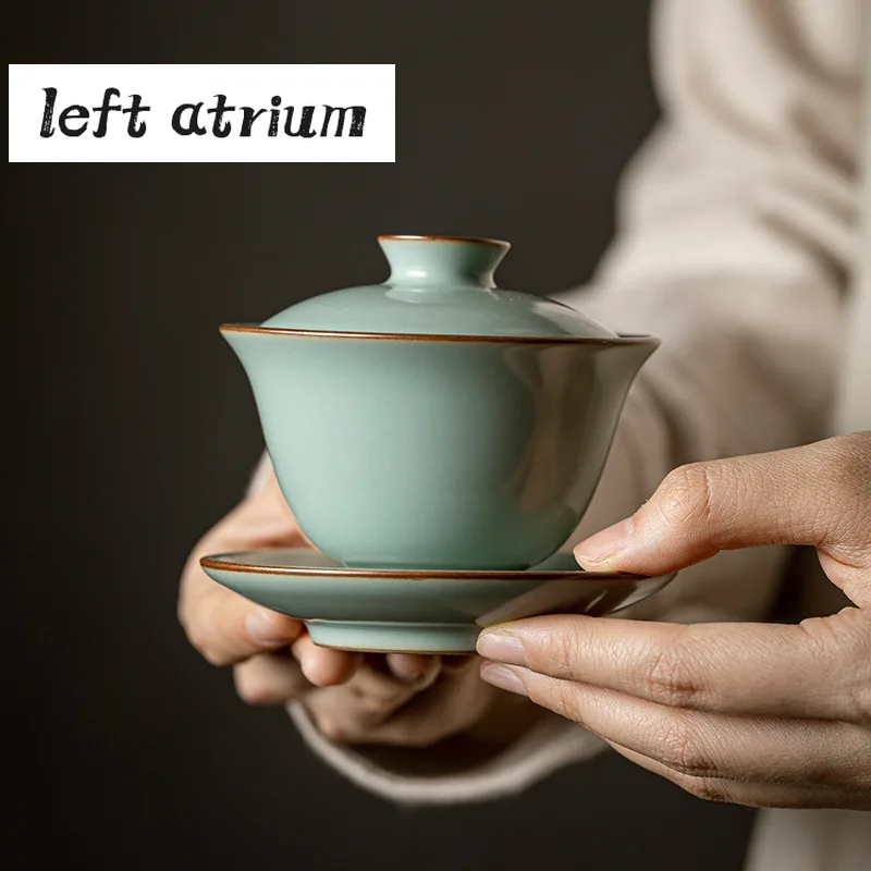 

120ml Retro Azure Porcelain Tea Tureen Ru Kiln Sancai Cover Bowl Household Tea Maker Cup Saucer Can Raise Kungfu Teaset Gift Box