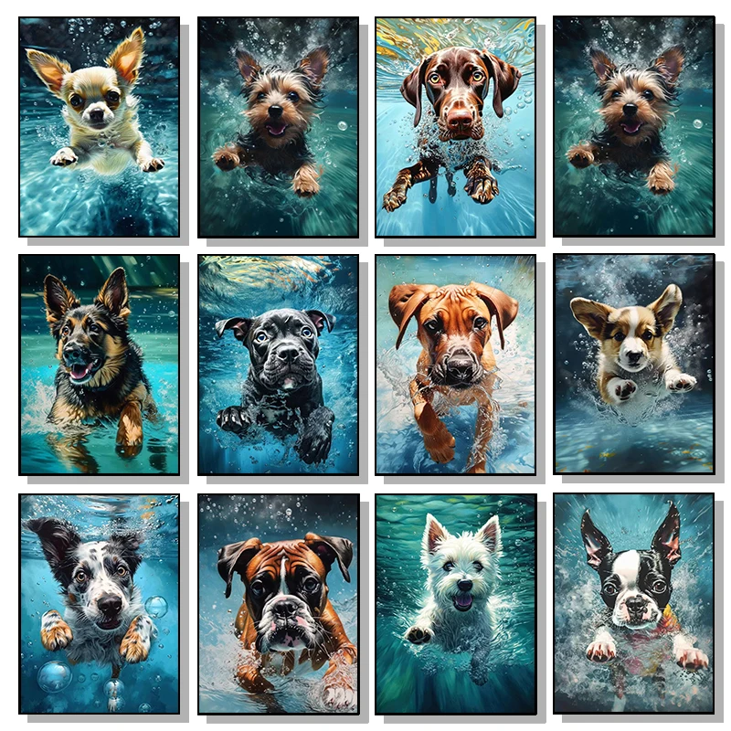 Basset Hound Dog Corgi Belgian Malinois Boxer Puppy Pool Dive Poster Print Wall Art HD Pictures Canvas Painting Room Home Decor