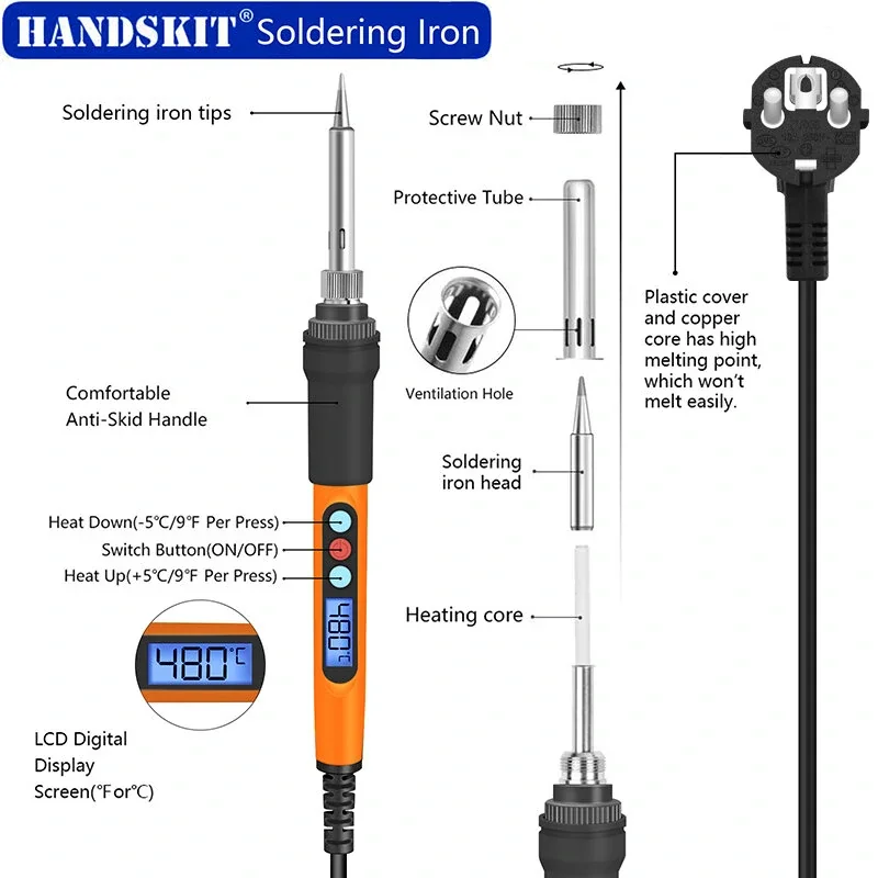 Handskit 90W Tampilan Digital Set Besi Solder Termostat Pemanas Internal Suhu Dapat Disesuaikan Tampilan Lcd Besi Solder