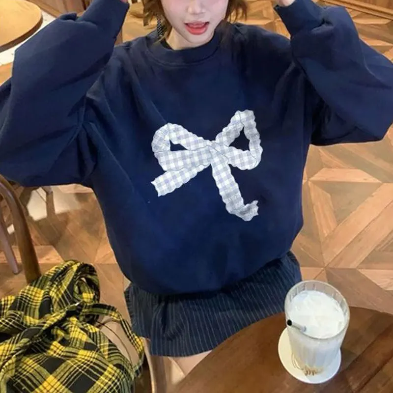 

Sweet Bow Printed Fashionable Sweatshirts Autumn Winter Fleece O-Neck Female Clothing Vintage Loose Casual Long Sleeve Hoodies