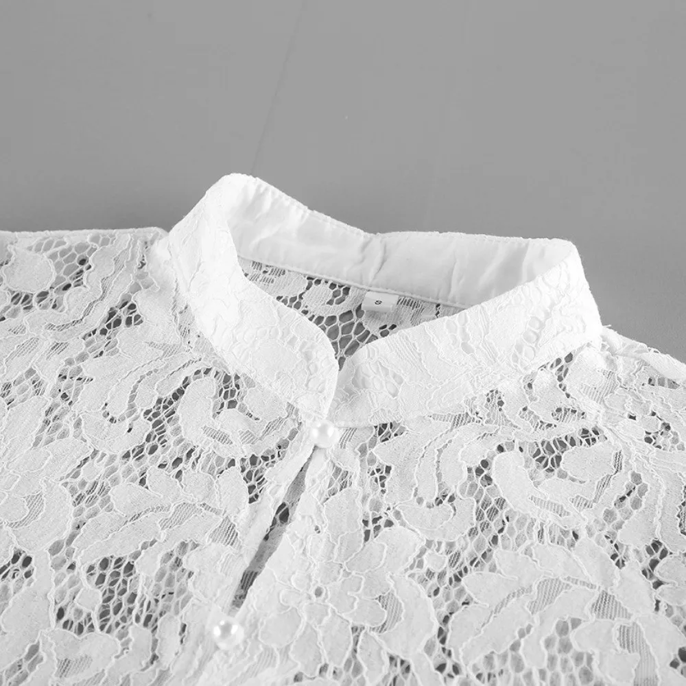 Solid White Color Floral Lace Blouse Floral Weave Sheer Lace Long Sleeve Top Scallop Hem Slim Waist Elegant Blouse Top