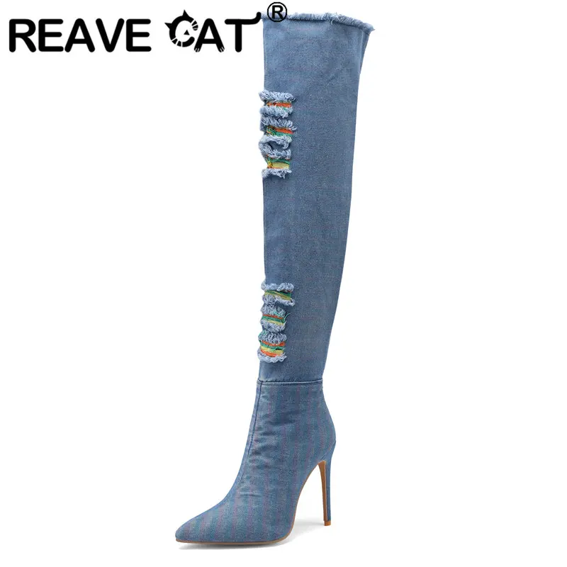 REAVE CAT Ladies Sexy Thigh High Boots Pointed Toe Thin Heel 11cm 45 46 47 48 Fashion Dating Women Booty