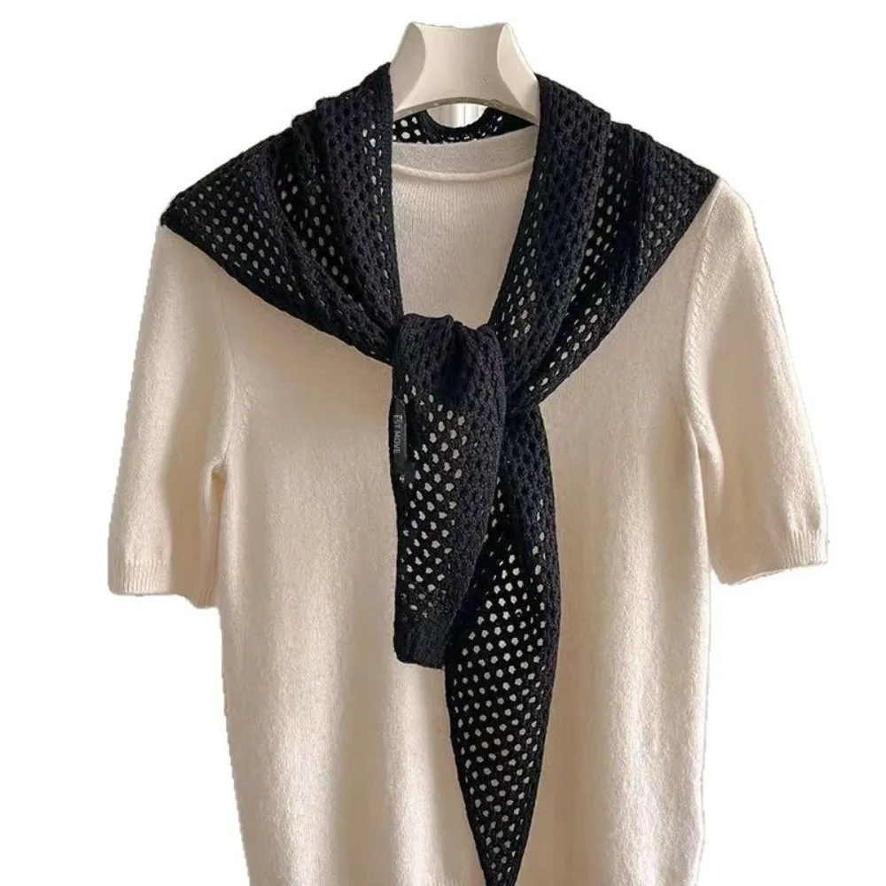 Hollow Out Knit Hollow Out Shawl Lightweight Mesh 2 in 1 Design Triangle Shawl Pompom Detail Layering Cover Up Waist Wrap Belt