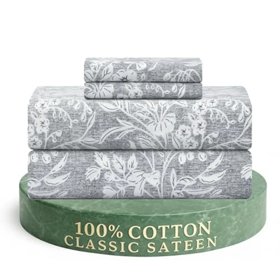 Feather and Stitch 300TC Size 100% Cotton Sateen Weave Printed Sheet Set Cooling and Breathable Bed Sheets Set 3 Pcs 16" Elasti