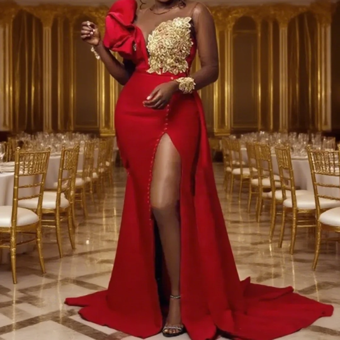 Elegant  Golden Sweetheart Floor-Length Sleeveless Trumpet Gown Red Evening Party Dress Side Split for Women Prom Banquet