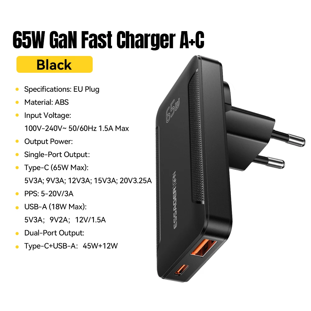 Essager Ultraflaches 65W GaN Pro Reiseladegerät Quick Charge 4.0 PD3.0 Tragbares Typ-C Ladegerät für iPhone 17 16 15 Samsung MacBook Laptop