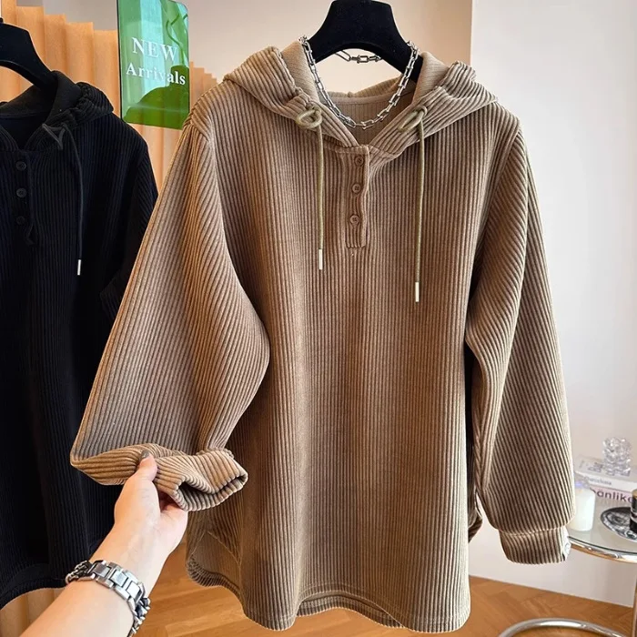 Large Size Corduroy 2024 New Winter Hooded Sweatshirt for Women, Slim Fit, Long Sleeved, Loose Fitting Pullover Top