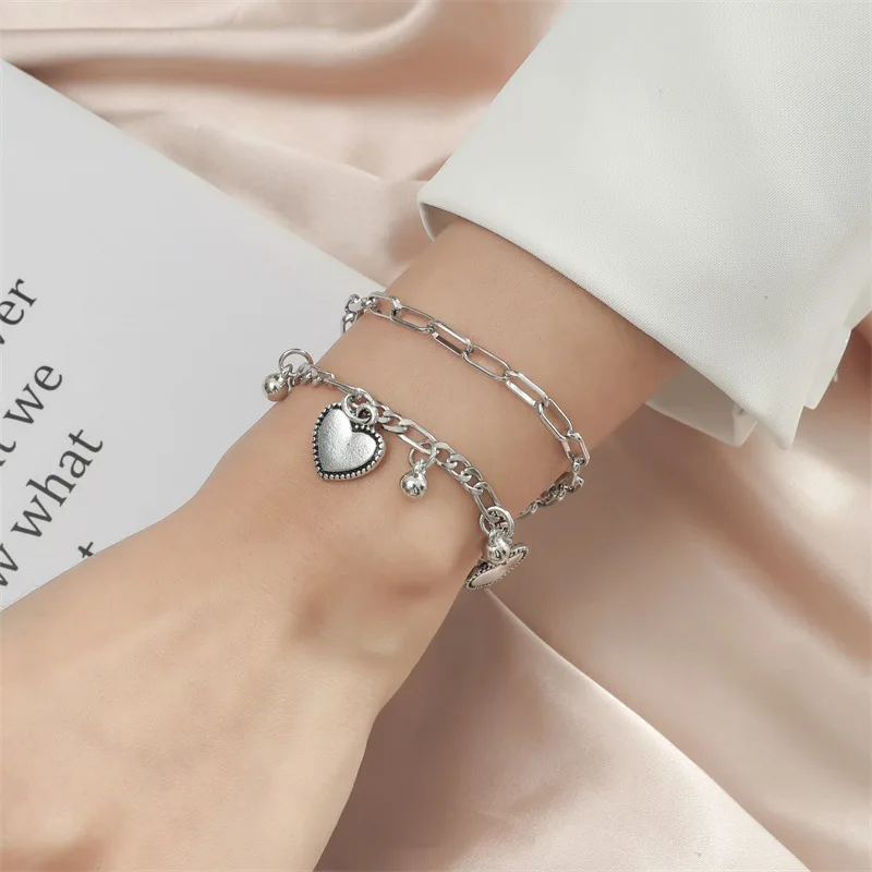 bracelet for pendant Heart Pendant Bracelet Paper Clip Chain Bracelet Stainless Steel Double Chain Bracelet for Women Couple