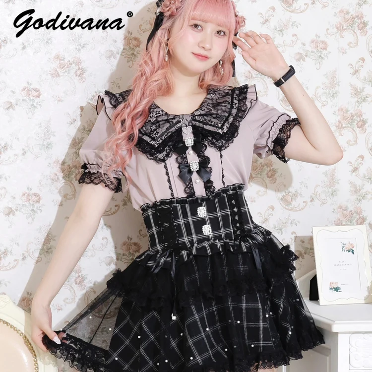 

Japanese Style New Sweet Cute Lace Lapel Bow Short-sleeved Shirt Girl Women's Summer Lolita Blouse Shirts