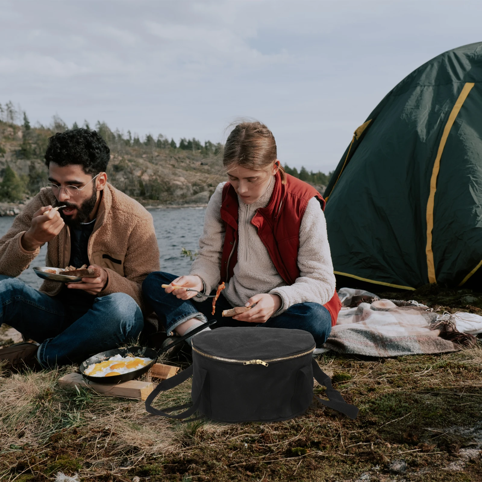 

Thick Cloth Camping Pot Storage Bag Portable Picnic Pan Organizer Heavy Duty Outdoor Bakeware Pouch Zipper Large Capacity Cast