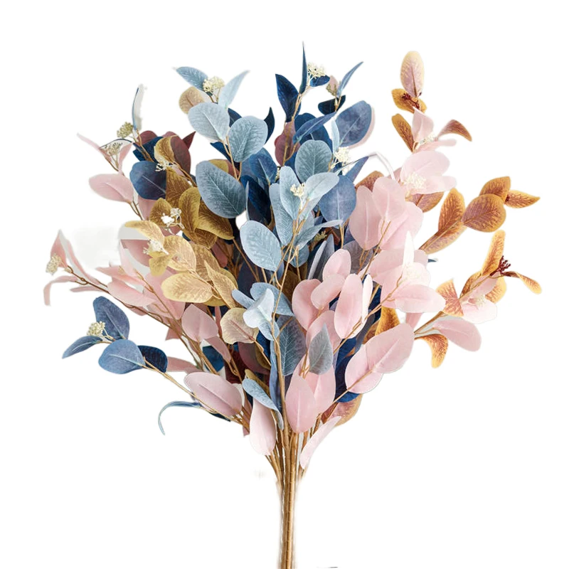 3PCS Blue Pink Eucalyptus Flowers Artificial Leaves Branch Fake Plant Decoration for Wedding Room Home Flower Arrangement  Decor