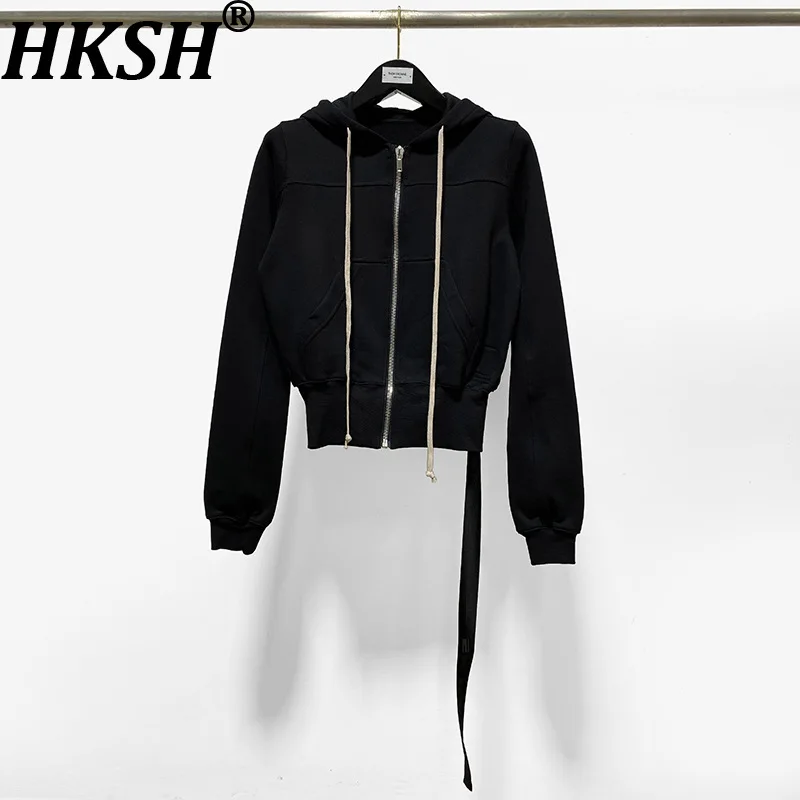 HKSH Women Sweatshirt Trend Chic Dark Style Zipper Drawstring Ribbon Decoration Design Niche Casual Hooded Cotton Jacket HK26525