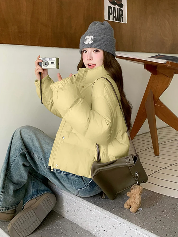 

Желтая утепленная женская зимняя куртка-пуховик в корейском стиле с воротником-стойкой, на молнии, с длинными рукавами