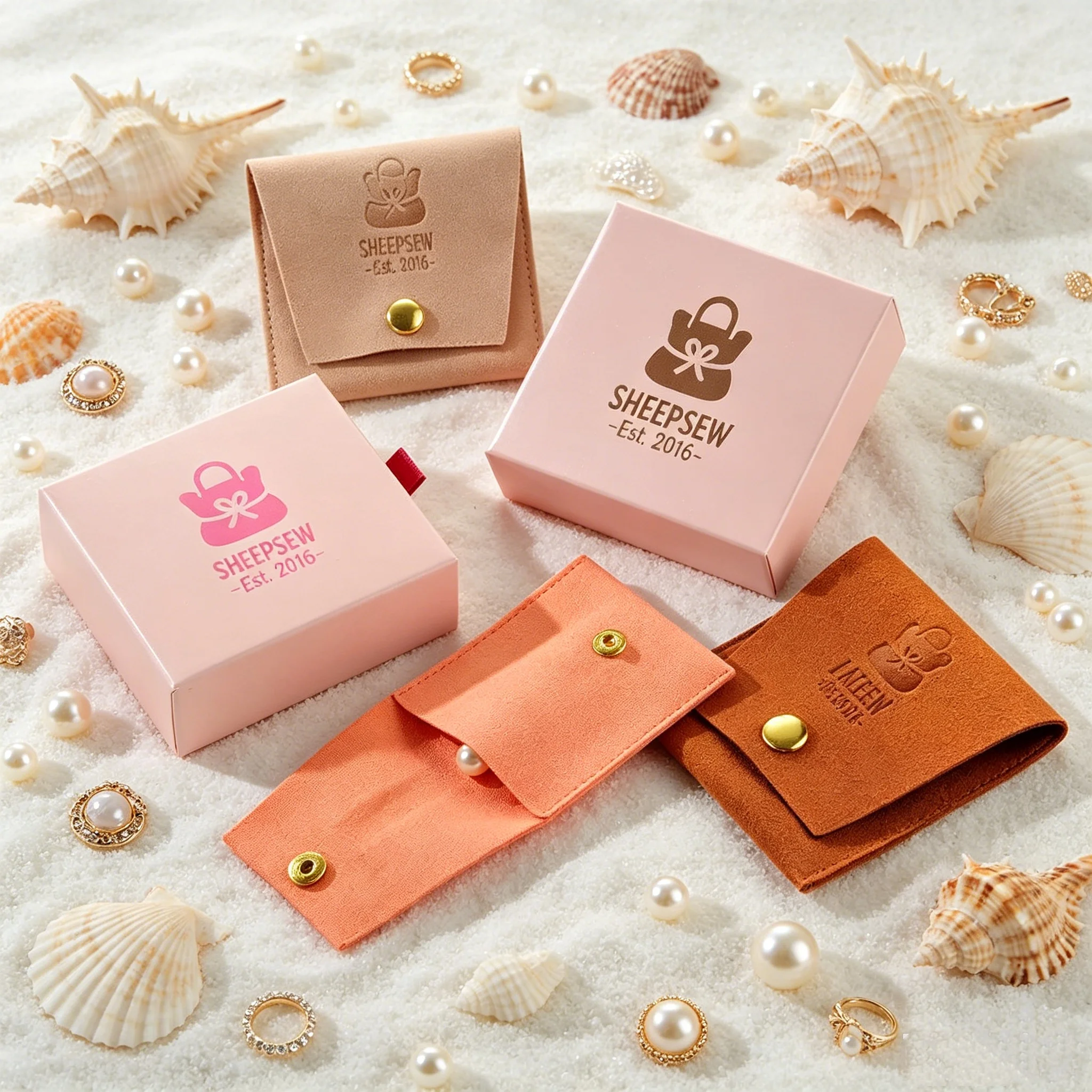 SHEEPSEW Custom Logo Microfiber Jewelry Bag Metal Buckle Button Ring Earring Necklace Pouch Foldable Gift Paper Box Jewelry Pack
