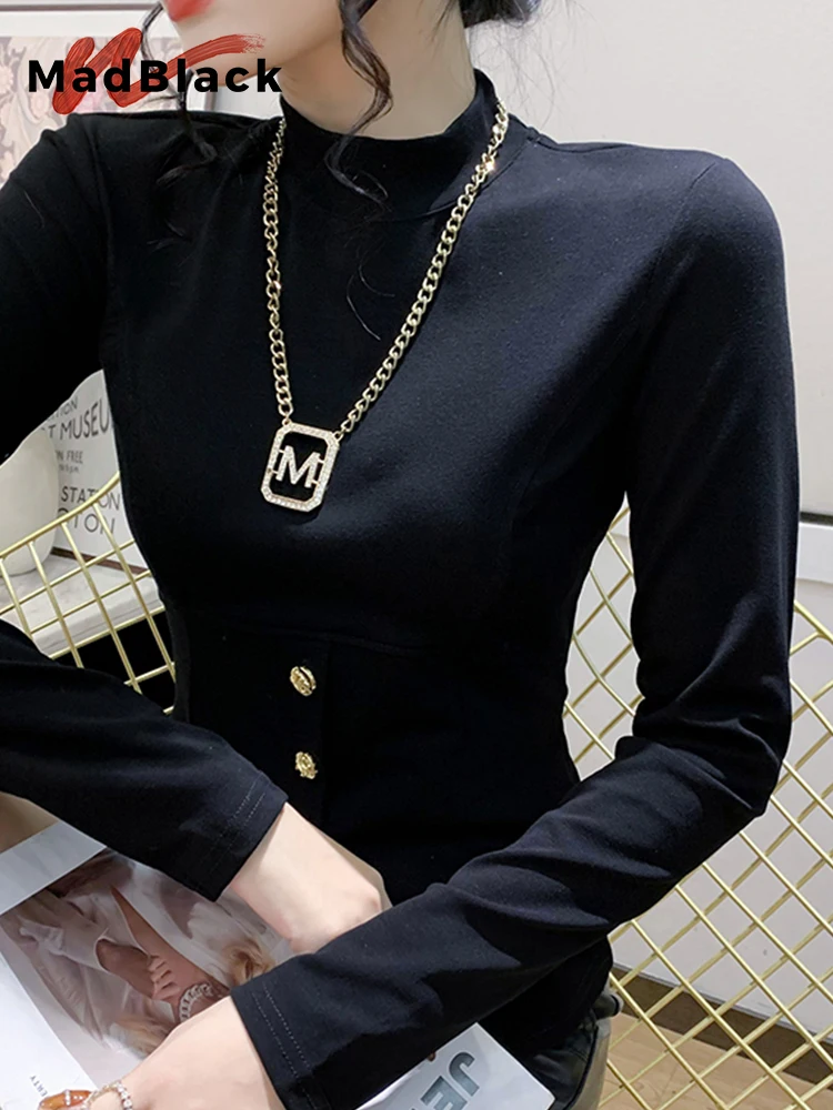 

MadBlack Spring Button Design Tshirts Slim Sexy Zipper Cotton Long-Sleeves Tees Plain Tops For Women Fall T31041X