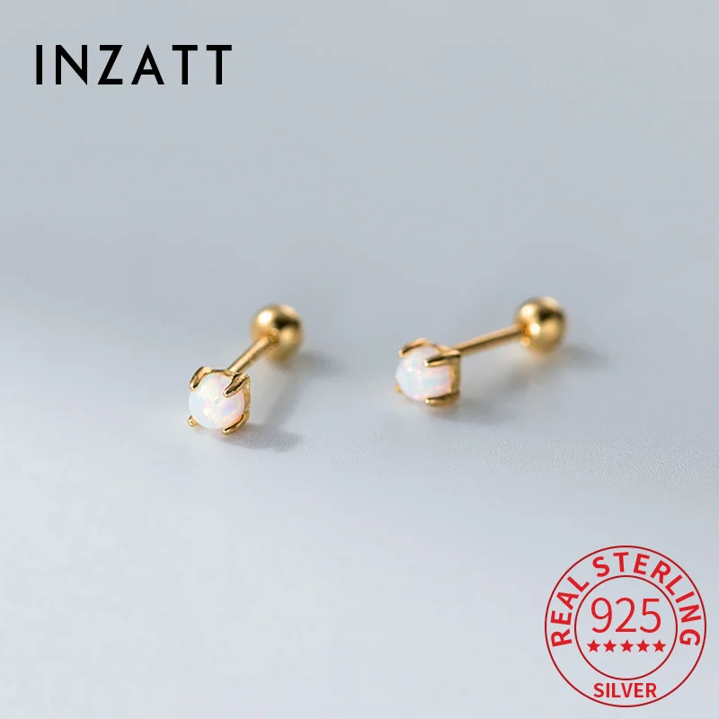 

INZATT Real 925 Sterling Silver Round Opal Bead Screw Mini Stud Earrings for Women Classic Fine Jewelry Minimalist Accessory