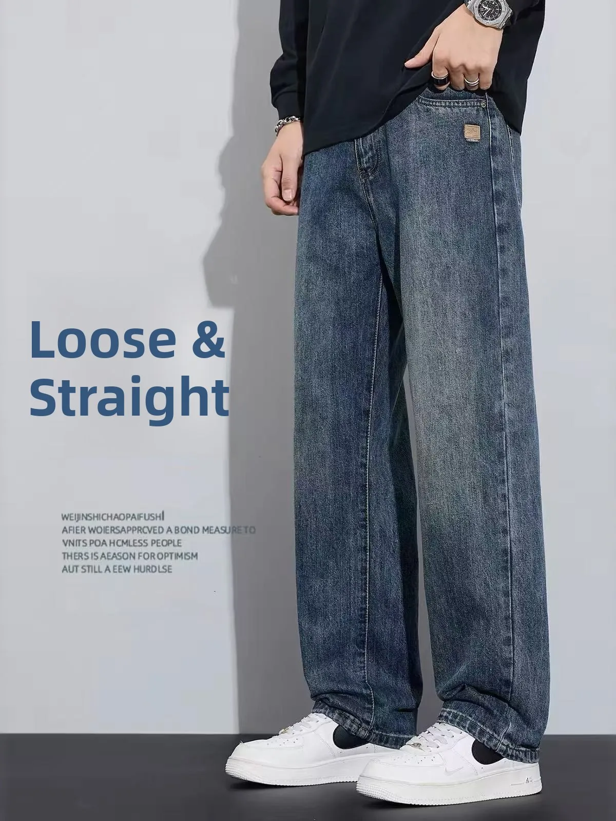 Men's Casual Cotton Stretch Denim Jeans Fall Loose Straight Leg Workwear Trousers Wear Resistant Business Leisure Pants