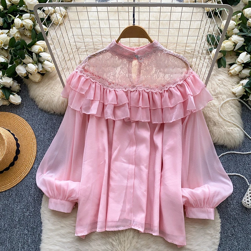 French Lantern Sleeve Lace Patchwork Shirt for Women in Spring Autumn Oversized with Ruffled Edges Loose Pink Bloouse Top W116 view 3