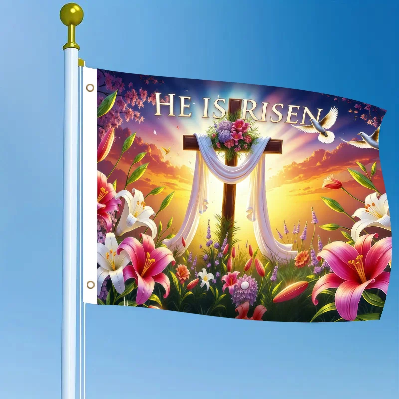 He Is Risen Cross Easter Garden Outdoor Polyester Flag Decoration Sunset Lilies Doves