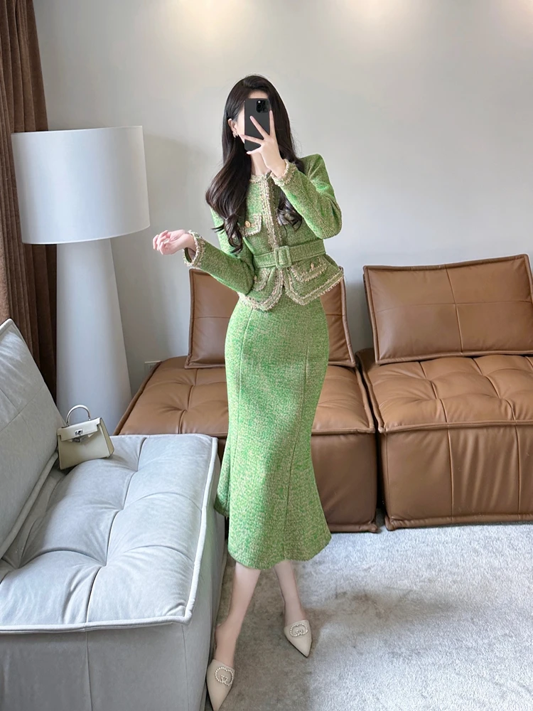 

Retro Elegant Set Women'S Autumn/Winter High End Temperament Fashion Short Tweed Coat Fish Tail Half Skirt Two Piece Set