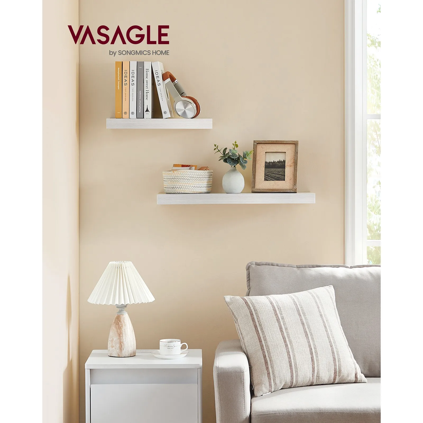 VASAGLE Wall Shelf: Floating, 20 x 40 x 3.8 cm, Display for Picture Frames, Wall Decor, Living Room, Study, Kitchen, Maple White