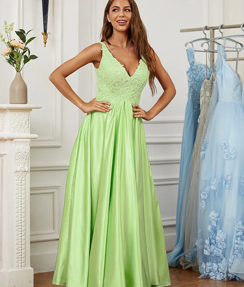 

Customized Sexy Satin A-Line Spaghetti Straps Appliques Evening Dress High Quality V-Neck Sleeveless Floor Length Party Gowns
