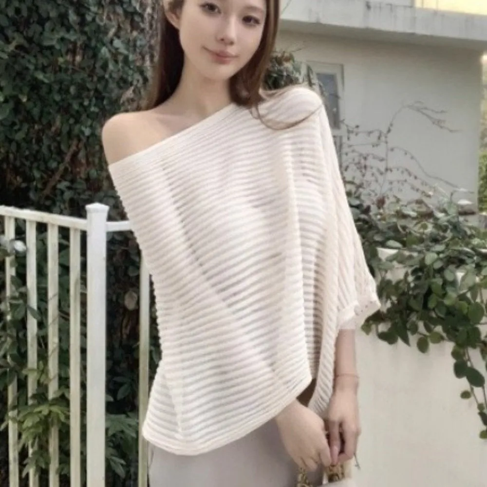 Stripe Patchwork Crochet Hollow Top Transparent Thin Sunscreen Cover Up Irregular Loose Beach Cloak Summer