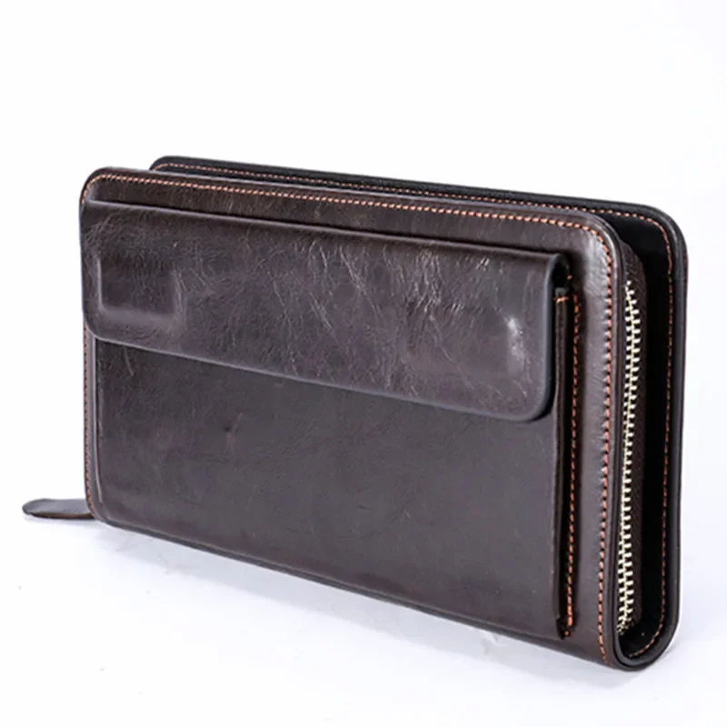 New Genuine Leather Wallet Men Long Wallet Women Zipper Purse With Hand Strap Lady Clutch Coin Purse Male Business Cowhide Purse