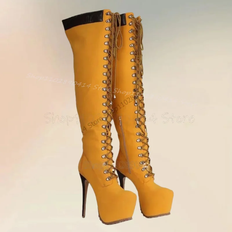

Yellow Round Toe Cross Tied Platform Boots Side Zipper Women Shoes Thin High Heels Fashion Party Feast 2025 Zapatos Para Mujere