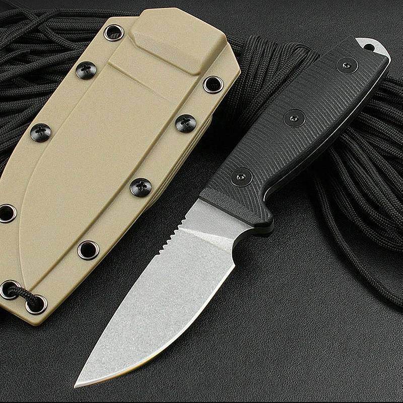 Tactical Fixed Blade Knife Stonewashed Plain Edge Black G10 Handle Combat Military EDC Outdoor Hunting Survival Straight Knives