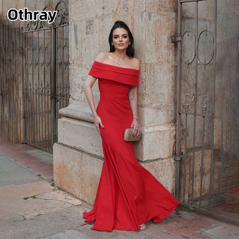 

Othray Classy Long Off Shoulder Satin Prom Dresses Buttons Sleeveless Mermaid Sweep Train Evening Dress for Women