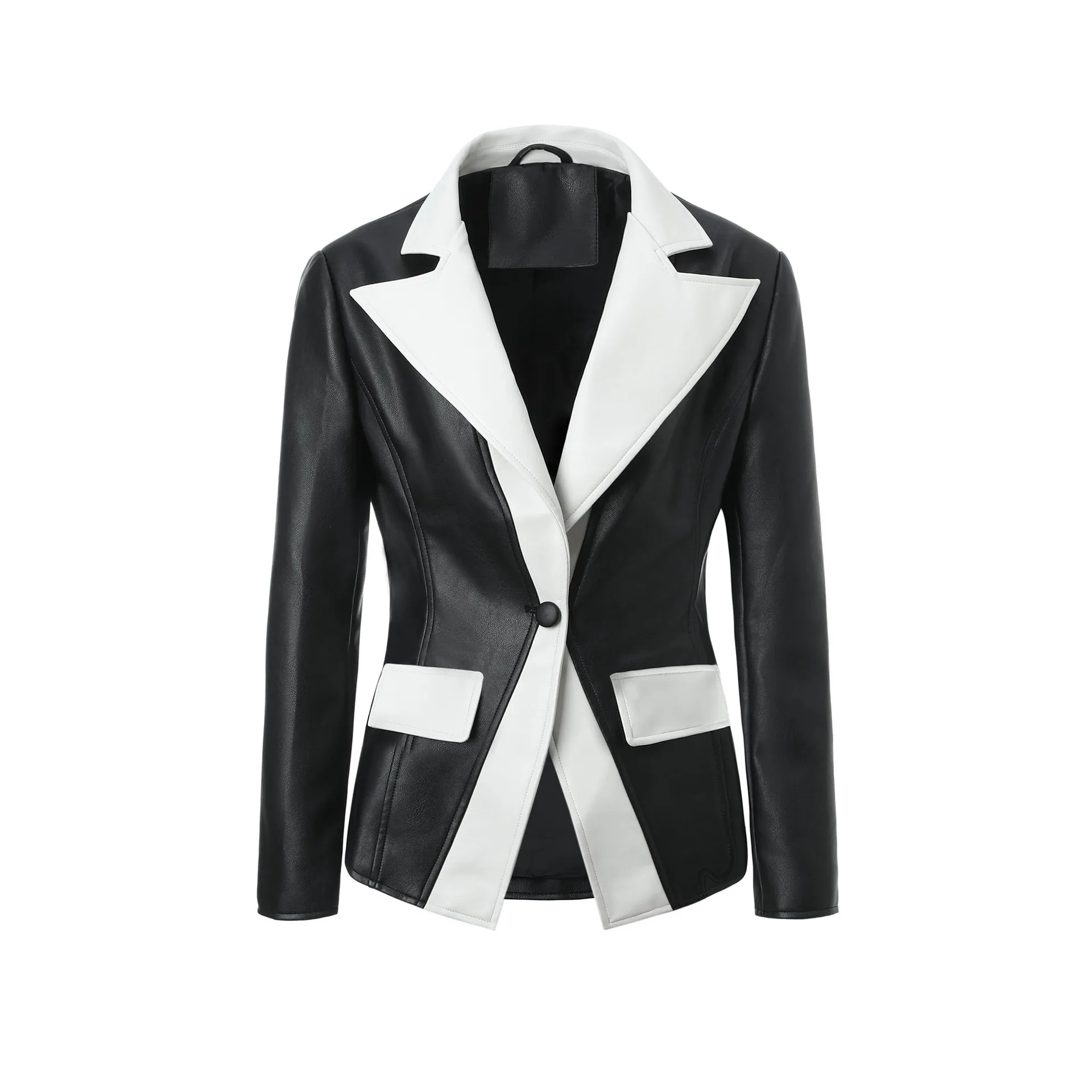 Giacca da donna in pelle PU con colori a contrasto in bianco e nero, con risvolto, abbottonatura a bottone singolo, top da abito punk rock