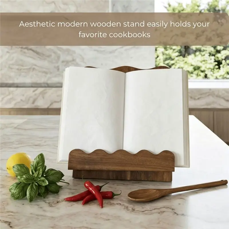 IALJ-Beautiful Wooden Cookbook Stand For Kitchen Counter, Solid Wood Scalloped Book Holder For Cookbooks& Tablets