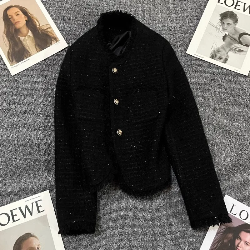 

Women Black Tassel Fragrance Suit Jacket Female Fashion Round Neck Bright Silk Simple Long Sleeve Tweed French Lady Coat