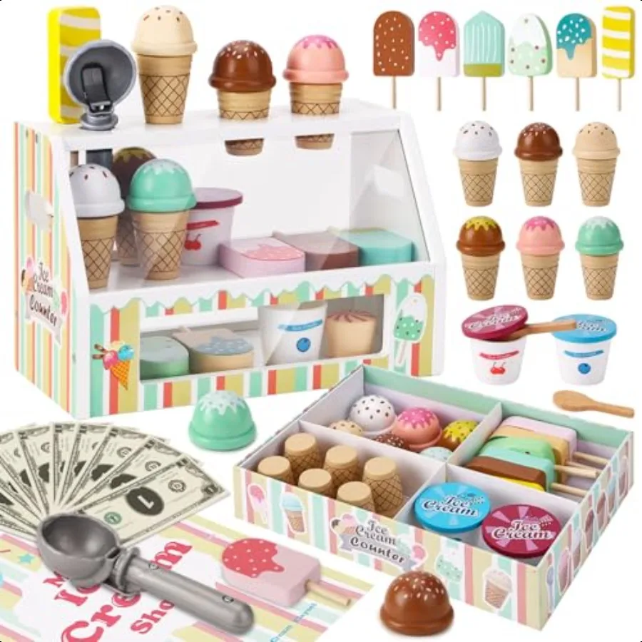 

Wooden Ice Cream Toys for Pretend Play Kitchen Food Toys with Scoop Menu Fake Money Ice Cream Counter Shop Playset for 3 4 5 6