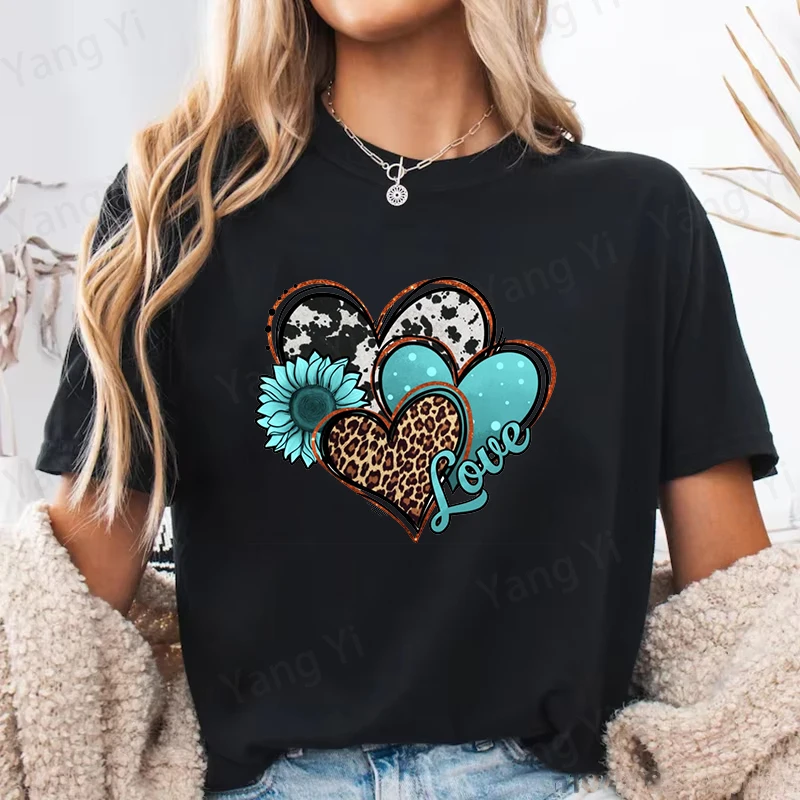 American Western Rural Leopard Folding Love Comfortable Print T-shirts Men Women Summer Cool Short Sleeve Casual T-shirts Tops