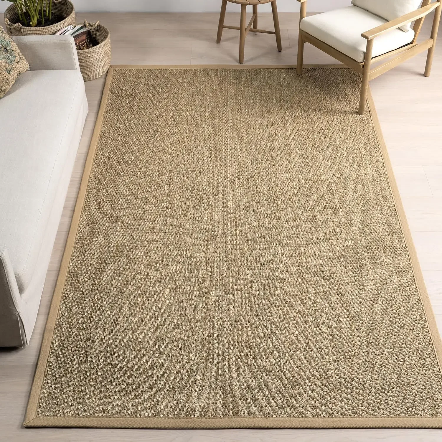 

4x6 Seagrass Area Rug, Beige, Solid Farmhouse Style, Cotton Bordered, Basketweave, Natural Fiber,For Bedroom, Dining Room