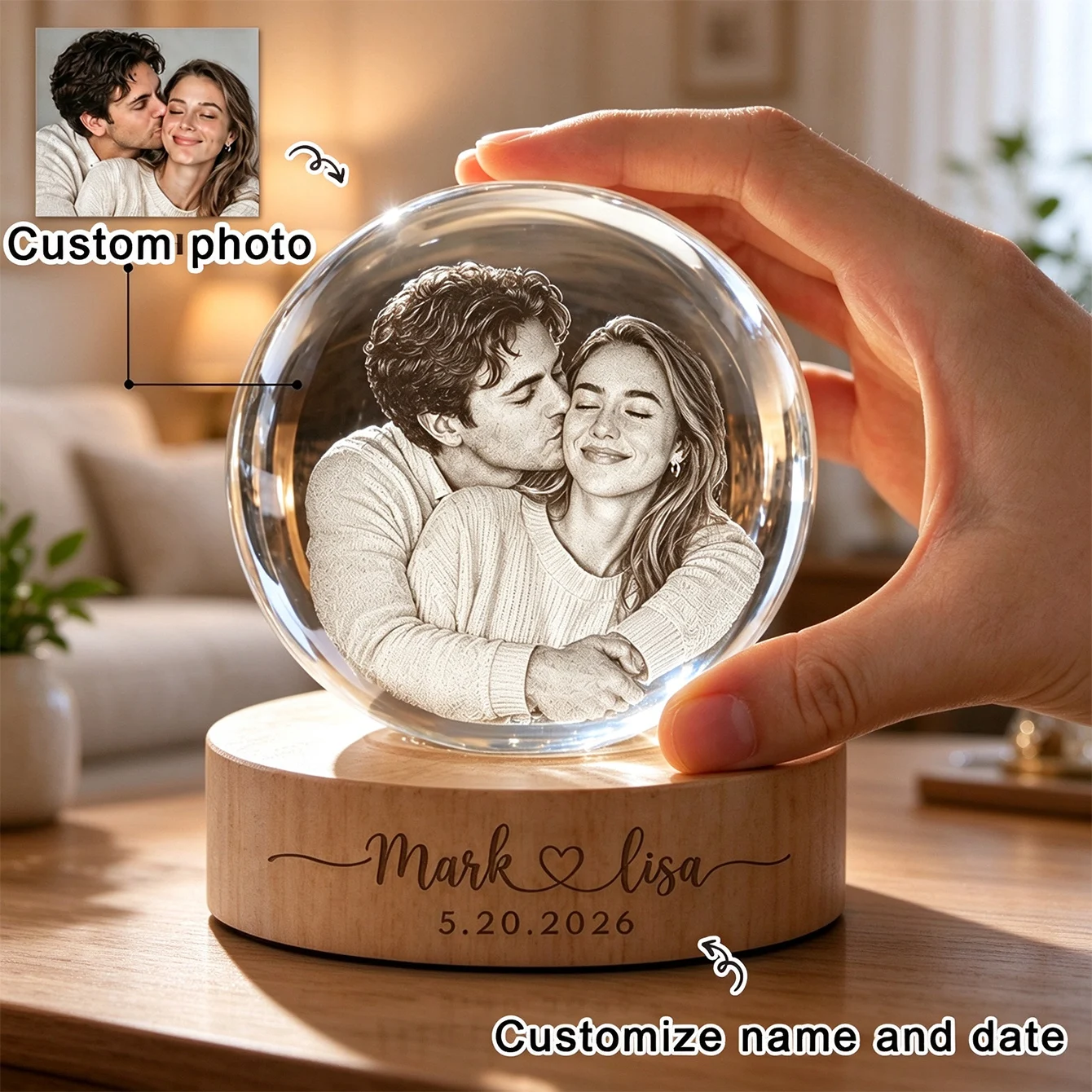 Personalized 3D Crystal Ball, Custom-Engraved with Photos and Text, Suitable for Anniversaries, Birthdays, Family Gifts, Wedding Gifts, Gifts for the Groom, Gifts for the Bride, Couple's Commemorative Gifts, Exclusive Crystal Ball, Custom 3D Photo Crystal Ball - Engraved with Family Commemorative Phrases, Wooden Base, Commemorative Gift, Wedding Gift, Eternal Love, Gift for Family Members, Memoria