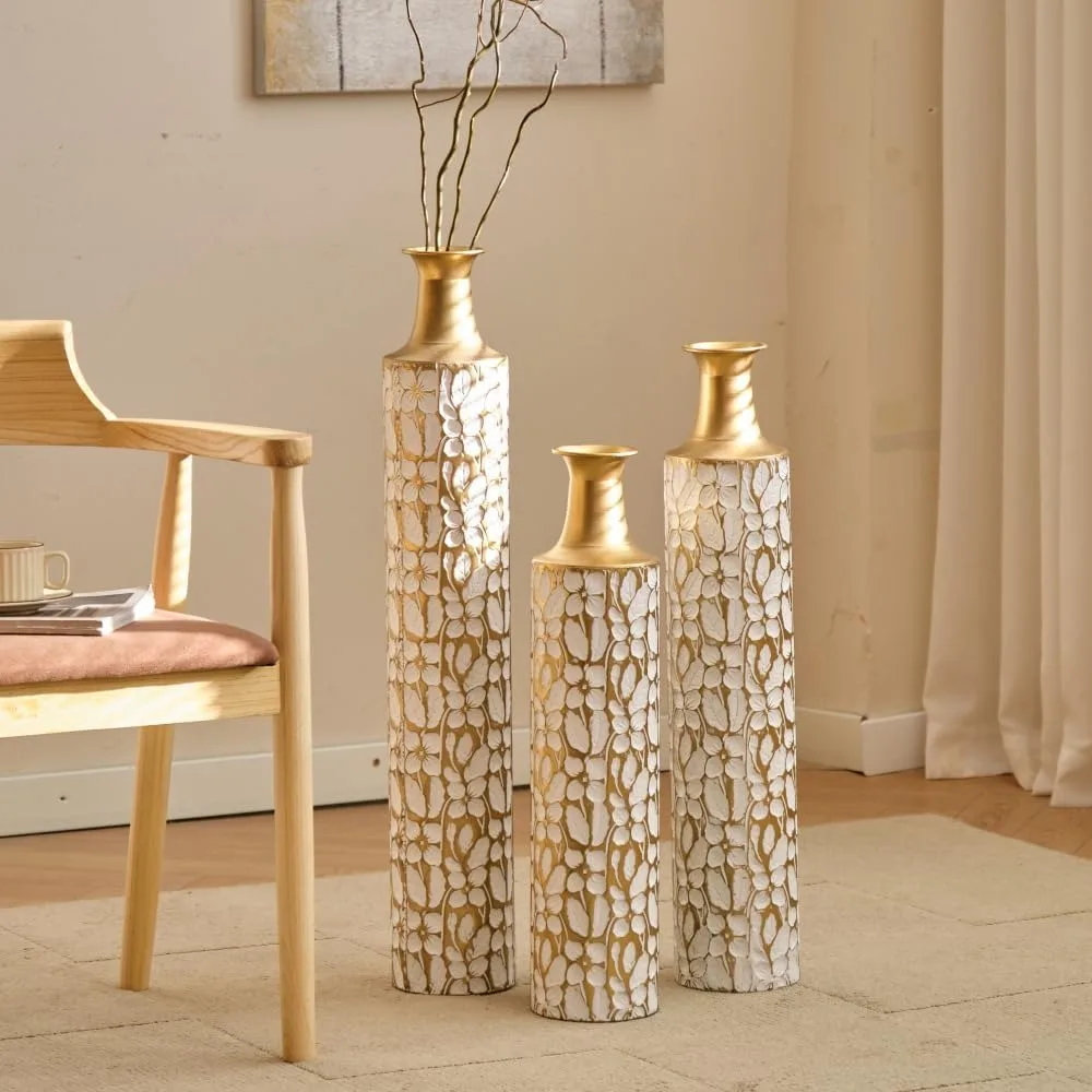 

Elegant White Gold Floor Vases Trio, Floral Embossed, 32, 28, 24 Heights, Classic American Design for Living Room Decor