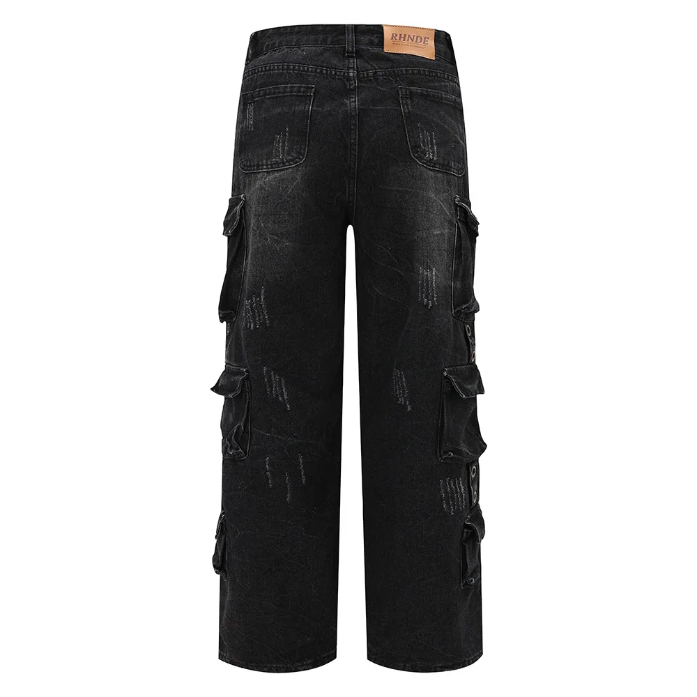 Cargo Style Jeans For Men And Women Straight Loose Y2k Multi Porkets Outdoor Denim Pants Wash Distressed Trousers Baggy