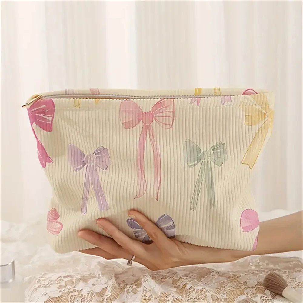 Corduroy Cosmetic Bag Bow Cherry Pattern Printed Zipper Makeup Organizer Lightweight Travel Cosmetic Storage Bag Women Clutch