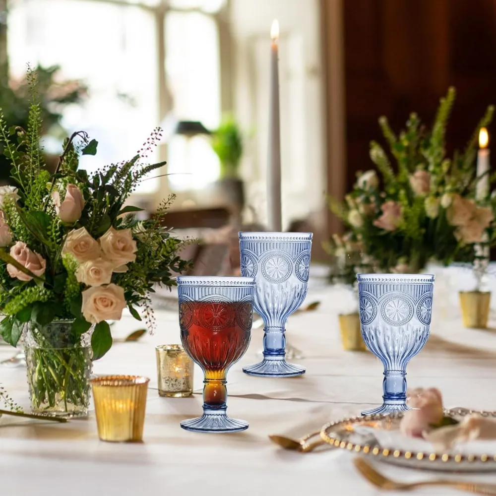 كؤوس نبيذ بلاستيكية قابلة لإعادة الاستخدام سعة 12 أونصة على الطراز العتيق مع نمط فريد منقوش على شكل زهرة - ستيمواري غير قابل للكسر للمياه الملونة G