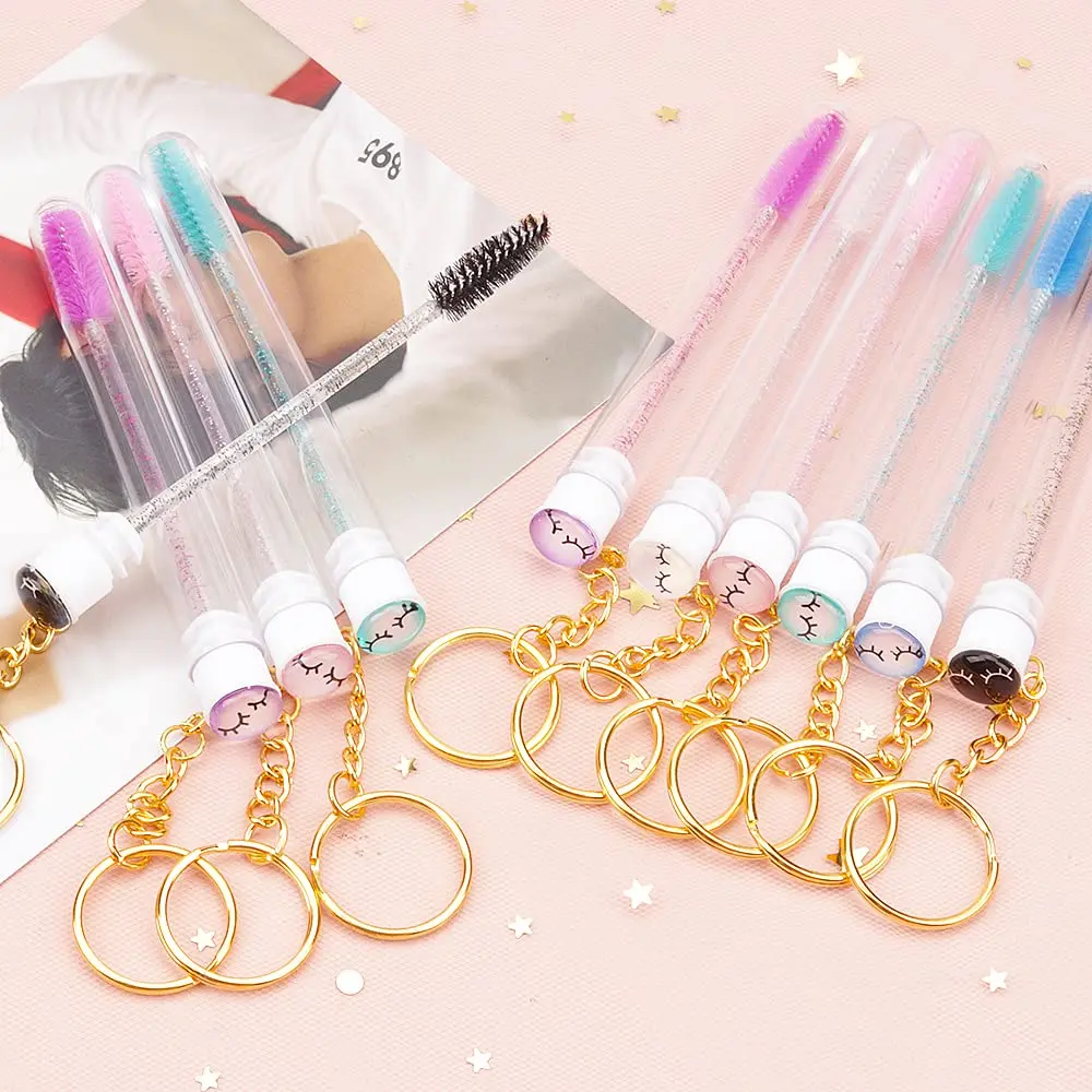 Wholesale 10pcs Keyring Eyelash Spoolies Brush Mascara Wand Tubes with Diamond Key Chain Eyelash Extension Makeup Tools