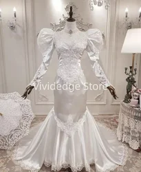Customized Victorian Wedding Dresses Satin Puffy Long Sleeve Mermaid with Bow Bridal Gown Wedding Dress vestidos de fiesta
